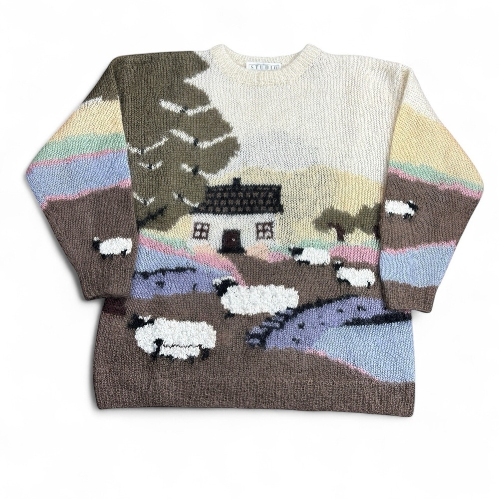 Vintage Mohair Wool Hand Knit Sheep Sweater Womens Small Pastoral Cottage